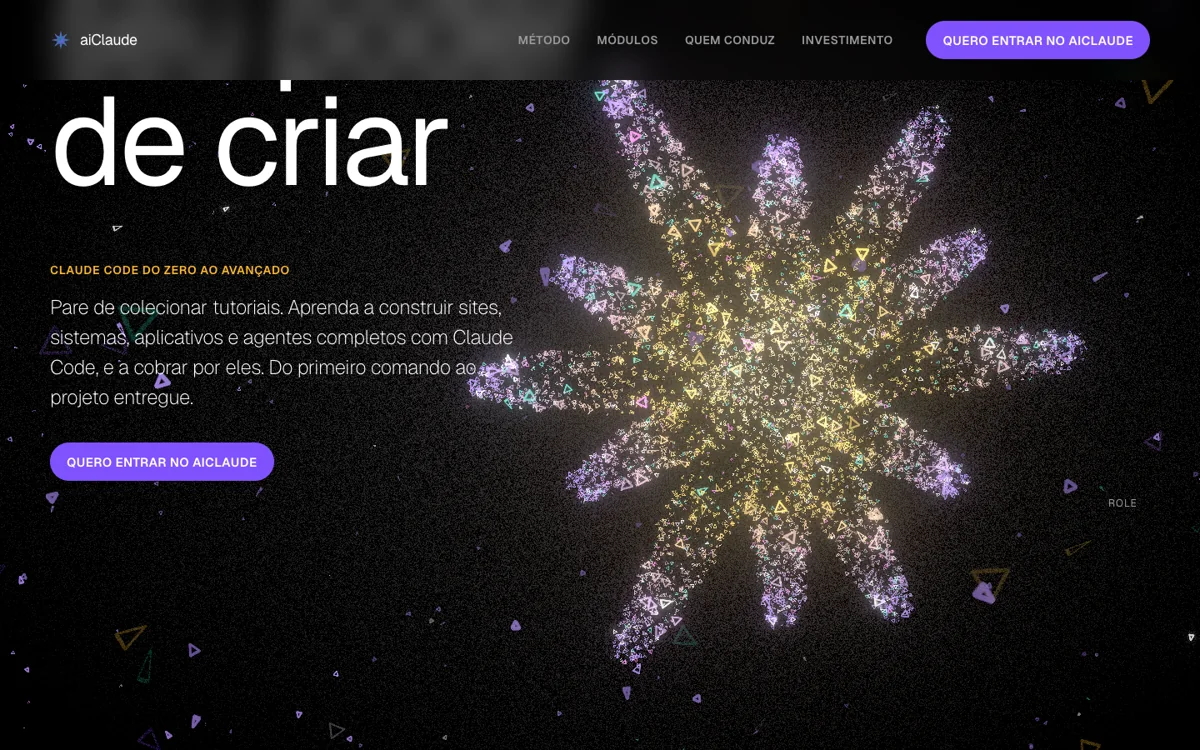 Site aiClaude: hero com explosão de partículas